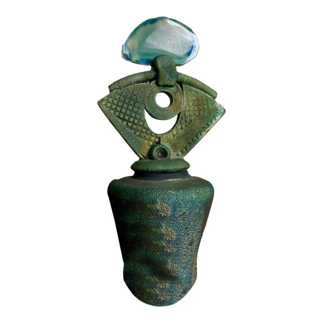 Signed Helene Fielder Raku Ceramic Pottery Vessel With Agate Lid / 1980s Art Studio Pottery / 80s Modernist Vase For Sale