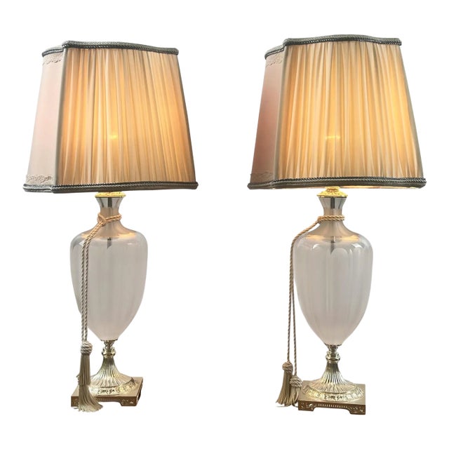 Vintage Neoclassical Style Frosted Glass Urn Table Lamps, Silver Base, a Pair For Sale