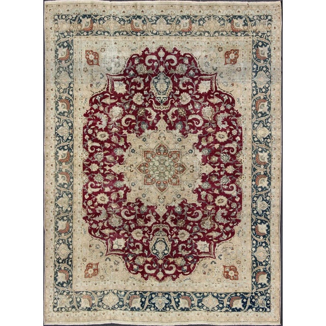 Layered Floral Medallion Antique Persian Mashad Rug in Red, Blue and Cream For Sale - Image 13 of 13