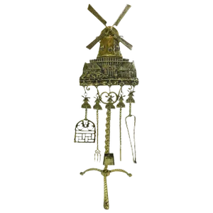 Polished Brass Windmill Design Set of Five Fireplace Tools, 19th Century