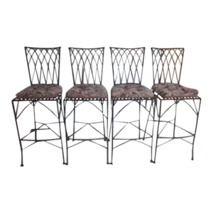 1980s Vintage Metal Barstools with Floral Cushion & Black Metal Frames- Set of 4