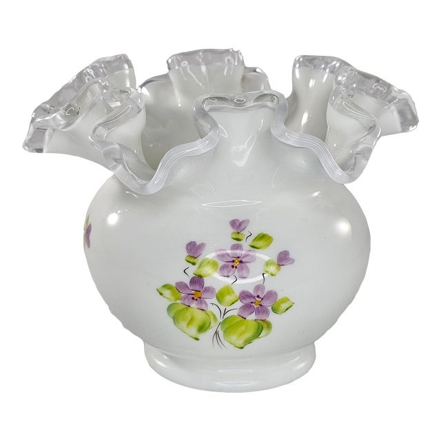 Vintage Fenton Violets in the Snow Double Crimped Vase Rose Bowl For Sale
