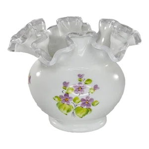 Vintage Fenton Violets in the Snow Double Crimped Vase Rose Bowl