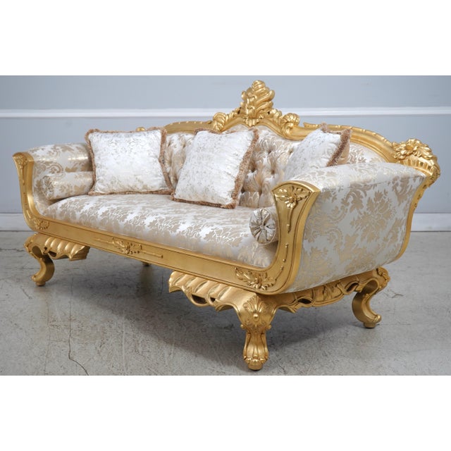 Age: Approx. 30 Years Old Details: Ornate Carved Details Bright Gilt Gold Frame Clean Quality Damask Type Upholstery Fine...