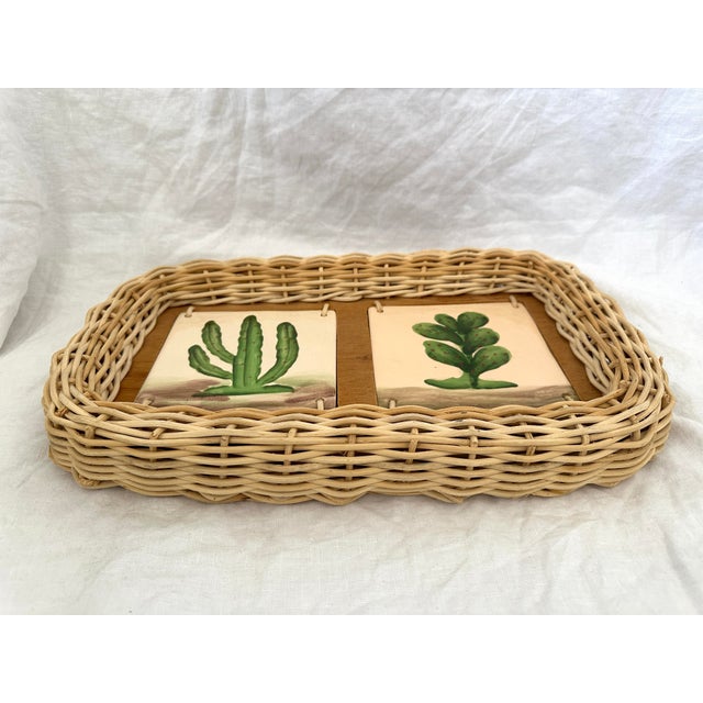 Vintage Wicker/Tile Tray For Sale - Image 4 of 5