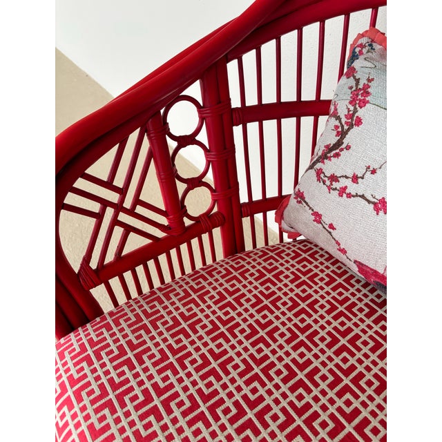 Brighton Pavilion Vintage Rattan Accent Chair Attributed to Brighton Pavilion, With Chippendale Lattice Fretting. Newly Upholstered in Coral Fabric. For Sale - Image 4 of 7