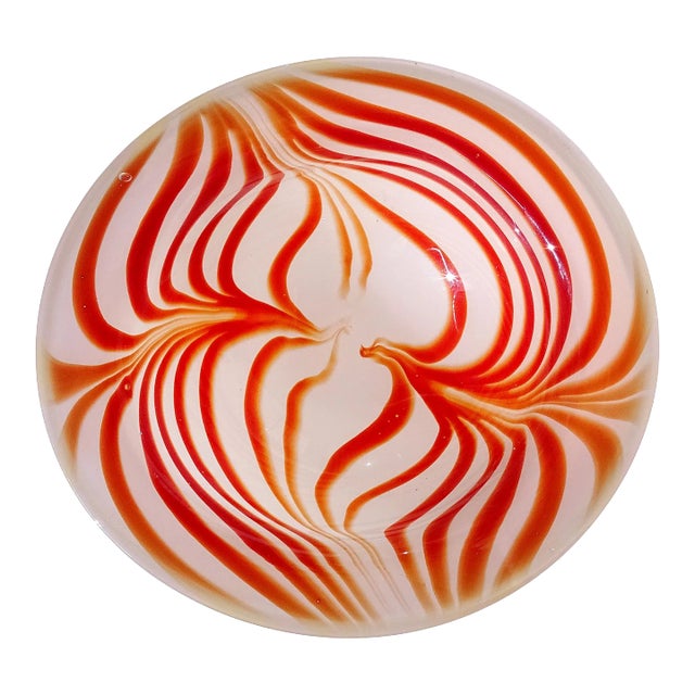 Murano Vintage Red Orange White Opalescent Psychedelic Optic Swirl Italian Art Glass Bowl For Sale