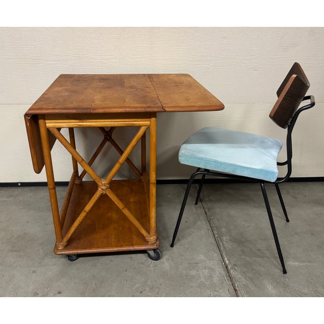 DESCRIPTION: Vintage, rare Heywood Wakefield drop leaf wood (maple or birch) trolley serving bar cart which (based on its...