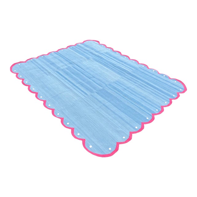 Handmade Cotton Area Four Sided Scalloped Rug Dhurrie Sky Blue and Pink Border-9'x12' For Sale