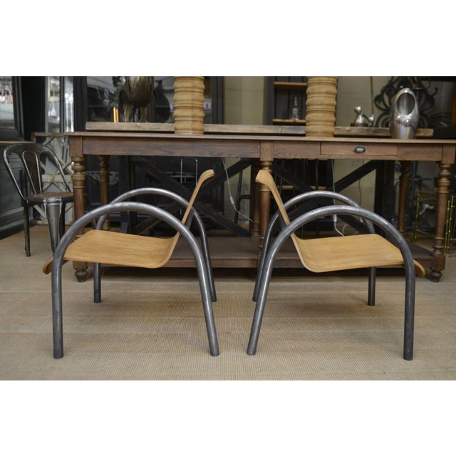 Brown Vintage Design Armchairs in Metal and Wood, 1950, Set of 2 For Sale - Image 8 of 12