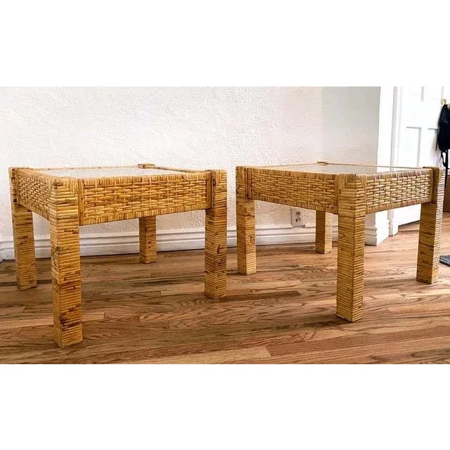 1980s Vintage Rattan and Glass Side End Tables - a Pair For Sale - Image 13 of 13