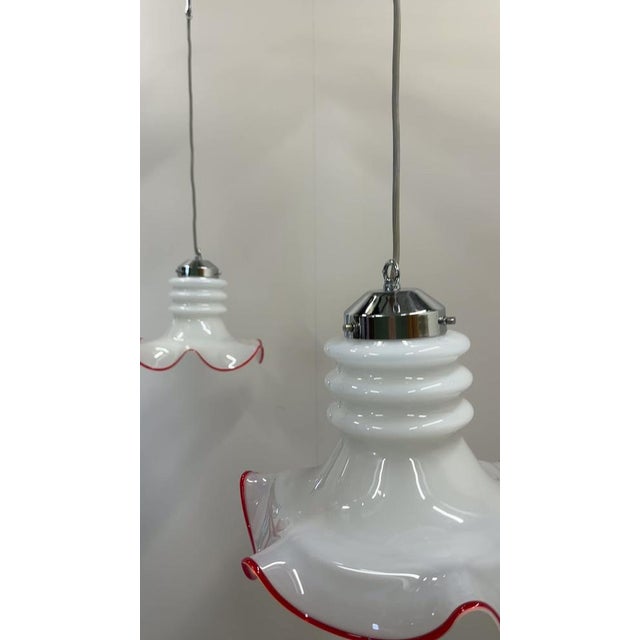 Italian Murano Glass Pendant Lamps with Red Trim, Italy, 1970s, Set of 2 For Sale - Image 11 of 12