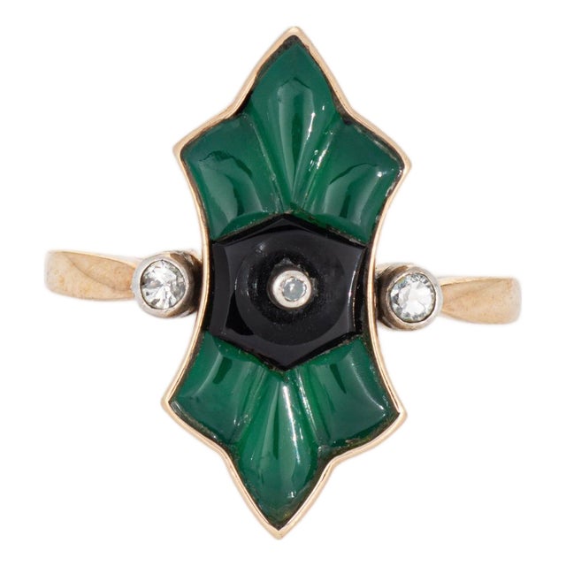 Vintage Art Deco Austrian Ring Chrysoprase Onyx Diamond Sz 7.75 14k Yellow Gold For Sale