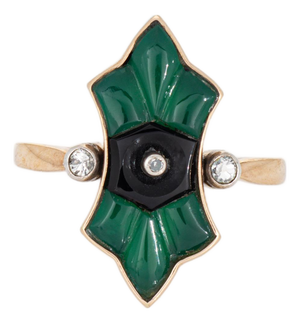 Vintage Art Deco Austrian Ring Chrysoprase Onyx Diamond Sz 7.75 14k Yellow Gold
