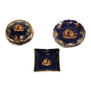 Vintage Cobalt Blue Royal Limoges France 22-Karat Gold Trinket Boxes Set - 3 Pieces
