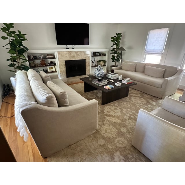 Restoration Hardware Belgian Slipcovered Slope Arm Bench-Cushion Sofa in Sand Performance Linen, 7ft (Pair Available) For Sale - Image 10 of 14