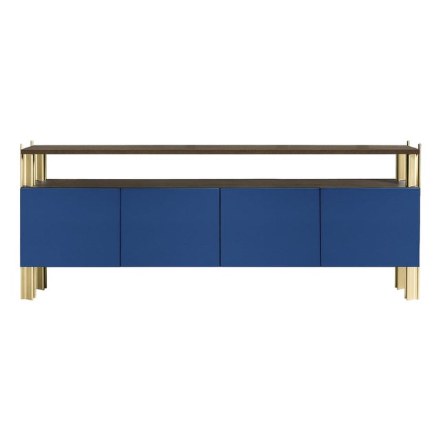 Flexor Blue Polished-Lacquered Wood and Aluminum Dining Sideboard by Robert Stadler For Sale