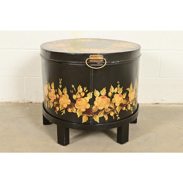 Maitland Smith Neoclassical Hand-Painted Black Lacquered Oval Toleware Box or Chest on Stand For Sale - Image 13 of 15