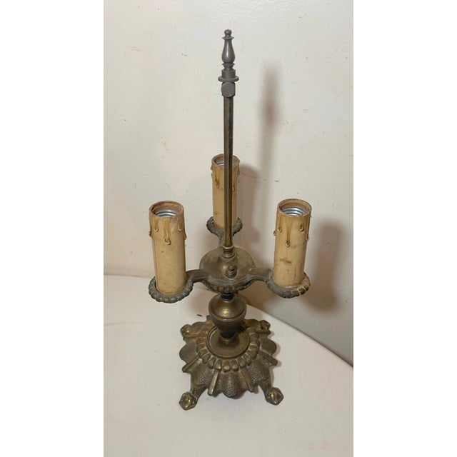 Antique Ornate Art Deco Gold Toned Cast Iron Electric Candelabra Table Lamp For Sale - Image 4 of 9