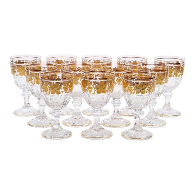 Val Saint Lambert Set of 12 Gilt Gold-Decorated Tableware Wine / Water Service For Sale