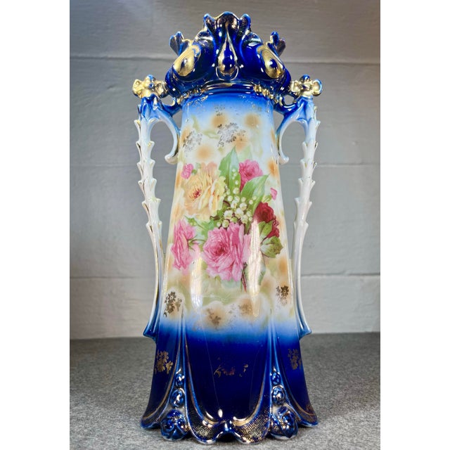 Victorian Fine Antique German Porcelain Hand Painted Handled Vase For Sale - Image 3 of 9
