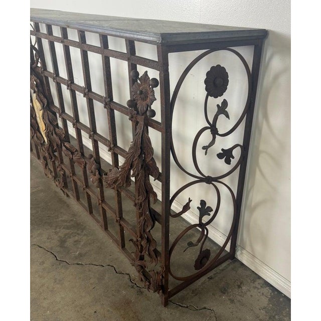 Early 20th Century Monumental Hand-Wrought Iron Console With Stone Medallion and Classical Garlands For Sale - Image 5 of 17