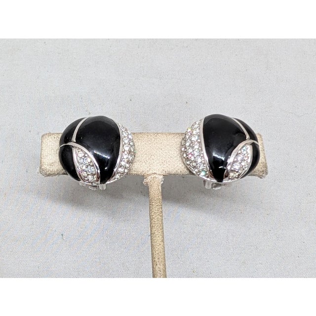Modern Vintage 1980s Signed Courreges Paris Round Black Enamel & Pavé Clear Rhinestone Clip Earrings-2 Pieces For Sale - Image 3 of 7