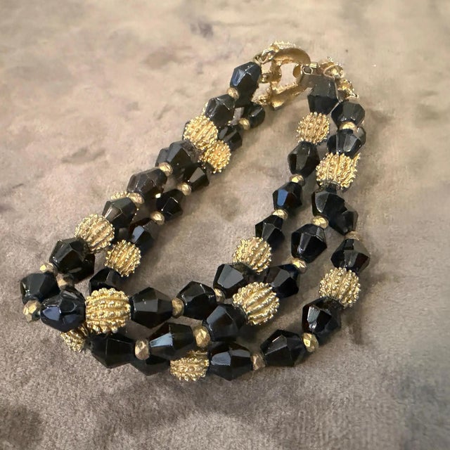 Metal 1980s Art Deco Style Black Cristal and Brass Multi Strand Bracelet by Trifari For Sale - Image 7 of 10