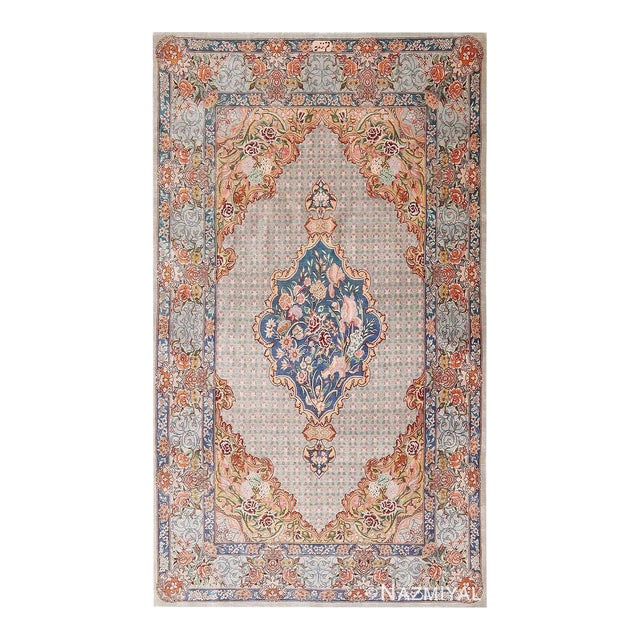 Nazmiyal Collection Blue Medallion Vintage Persian Silk Qum Area Rug For Sale