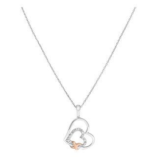 .925 Sterling Silver Double Heart Pendant Necklace with Diamond and 10K Rose Gold Accent For Sale