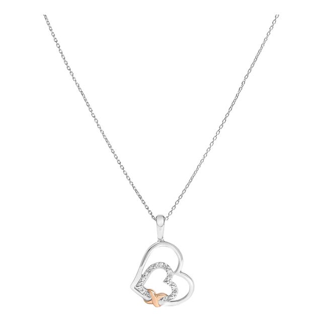 .925 Sterling Silver Double Heart Pendant Necklace with Diamond and 10K Rose Gold Accent For Sale