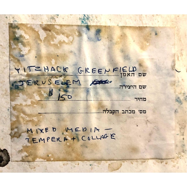 Yitzhak Greenfield, Kibbutz Abstract Jerusalem Nightscape Israeli Tempera Collage Painting Judaica, 1967 For Sale In Miami - Image 6 of 8