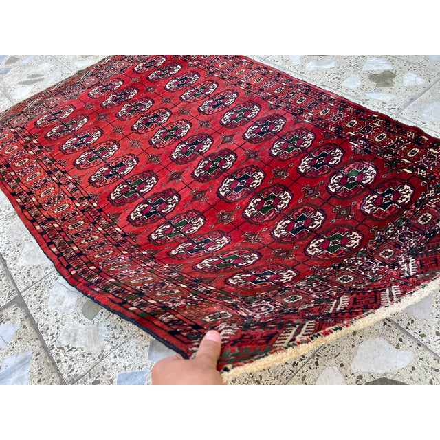 Tribal Red Turkmen Bokhara Hand-Knotted Wool Rug - 3'6" X 5'3" For Sale - Image 3 of 12