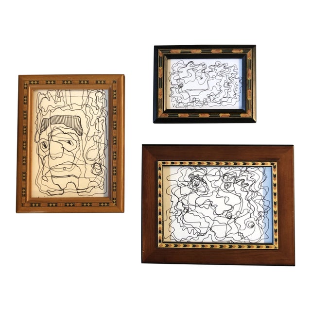 Gallery Wall Collection 3 Vintage Wayne Cunningham Small Abstract Ink Drawings Framed- Set of 3 For Sale
