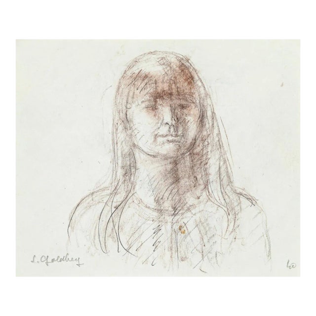Woman- Original Pencil and Pastel Drawing by S. Goldberg - Mid 20th Century Mid 20th Century For Sale
