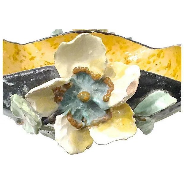 Ceramic Antique French Barbotine Majolica Floral Bowl For Sale - Image 7 of 9