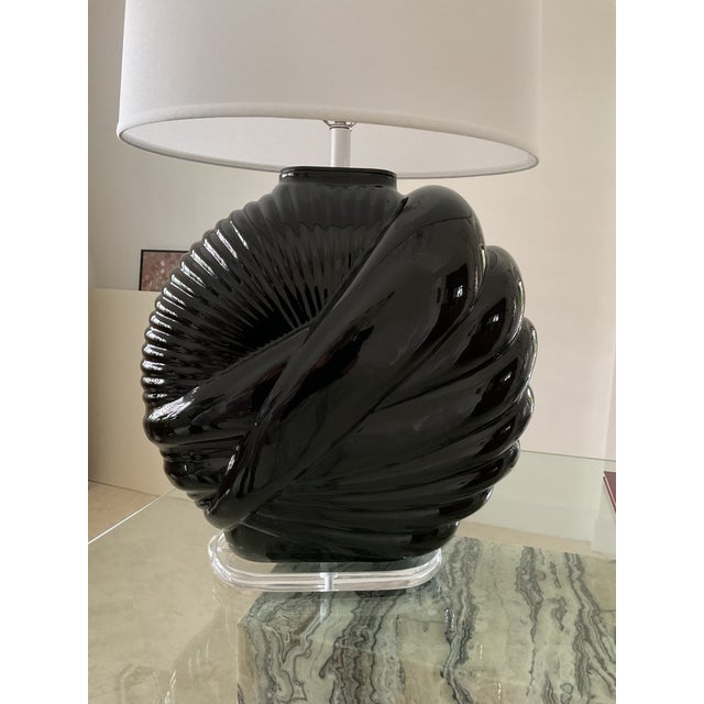 1980s Art Deco Revival, Van Teal Table Lamp, Black Ceramic Glase, Lucite Base. Euc. For Sale - Image 14 of 17