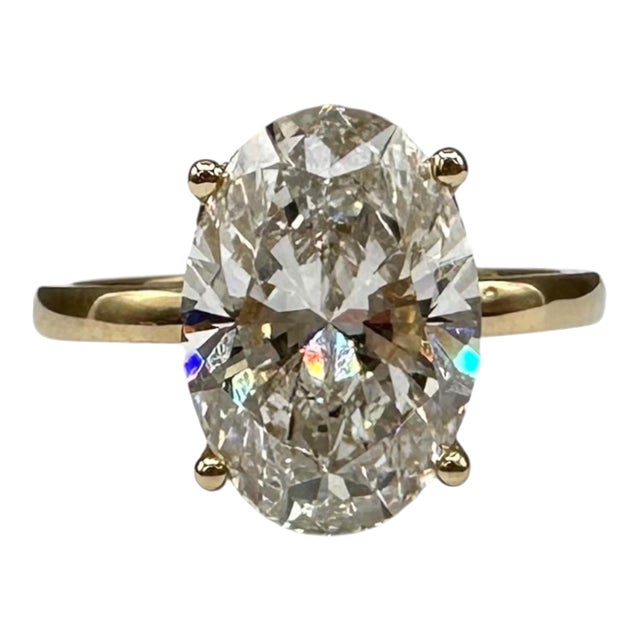 4.12ct Oval Lab Grown Diamond Ring Igi F Vs1 14k Yellow Gold Hidden Halo, Size 7 For Sale