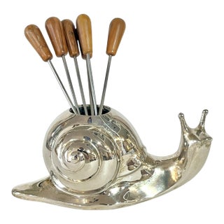 Vintage Mid Century French Silver Plate Snail With Charcuterie Picks For Sale