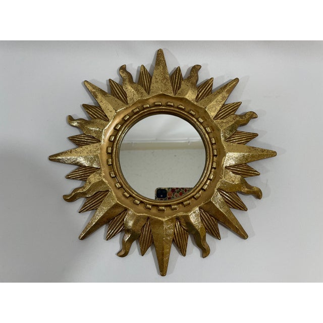 Mid-Century Modern Vintage Bright Gold 13" Sunburst Wall Accent Mirror For Sale - Image 3 of 17