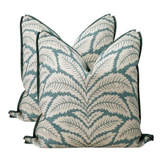 Aqua / Teal Linen Botanical Leaf 22" Pillows - A Pair For Sale
