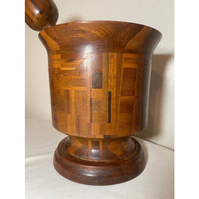 Art Deco Share Huge Rare Antique Hand Made Turned Carved Wood Marquetry Mortar and Pestle Large For Sale - Image 3 of 12