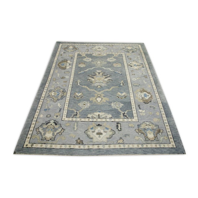 Early 21st Century Early 21st Century Blue Floral Design Handwoven Wool Turkish Oushak Rug 5'2" X 6'7" For Sale - Image 5 of 7
