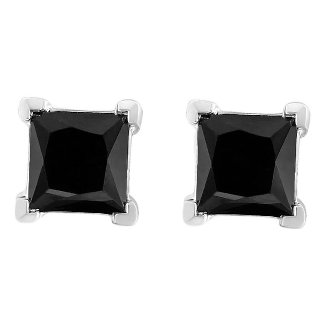 .925 Sterling Silver 3.00 Cttw Princess-Cut Square Black Diamond Classic 4-Prong Stud Earrings with Screw Backs For Sale