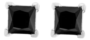 .925 Sterling Silver 3.00 Cttw Princess-Cut Square Black Diamond Classic 4-Prong Stud Earrings with Screw Backs