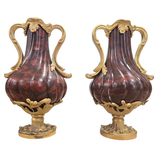 French Turned Red Marble Vases with Gilt Bronze Mounts, 1800, Set of 2 For Sale - Image 11 of 11
