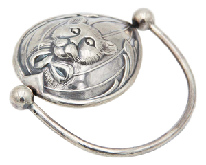Children's Silver Rattle with Feline Reliefs