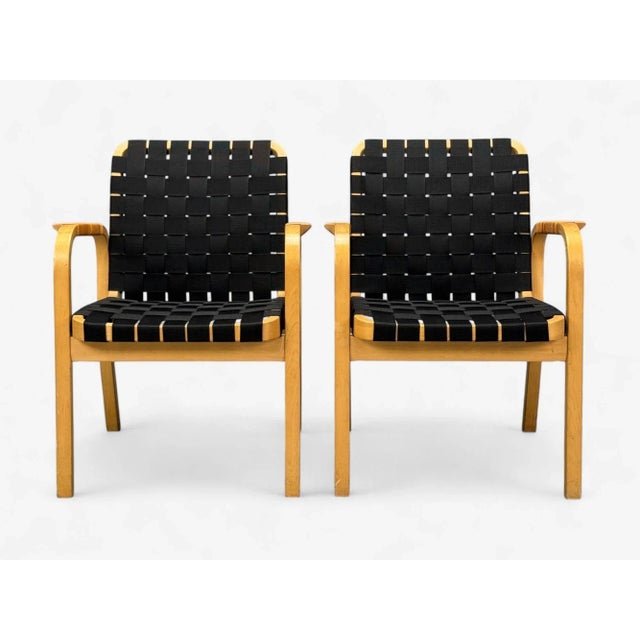 Alvar Aalto, Birch, Rattan, Black Linen Webbing, Armchairs, Finland, 1980s For Sale - Image 4 of 14