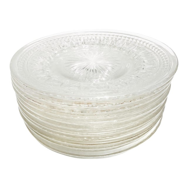 Vintage Mid Century Heavy Pressed Glass Starburst Plates - 11 Pieces For Sale