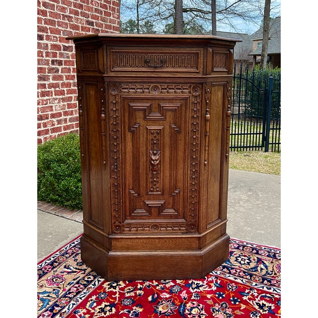 SUPERB Carved Antique French Oak Corner Cabinet with Drawer and Key~~TALL~~c. 1890s-1900 Carved door with upper drawer and...